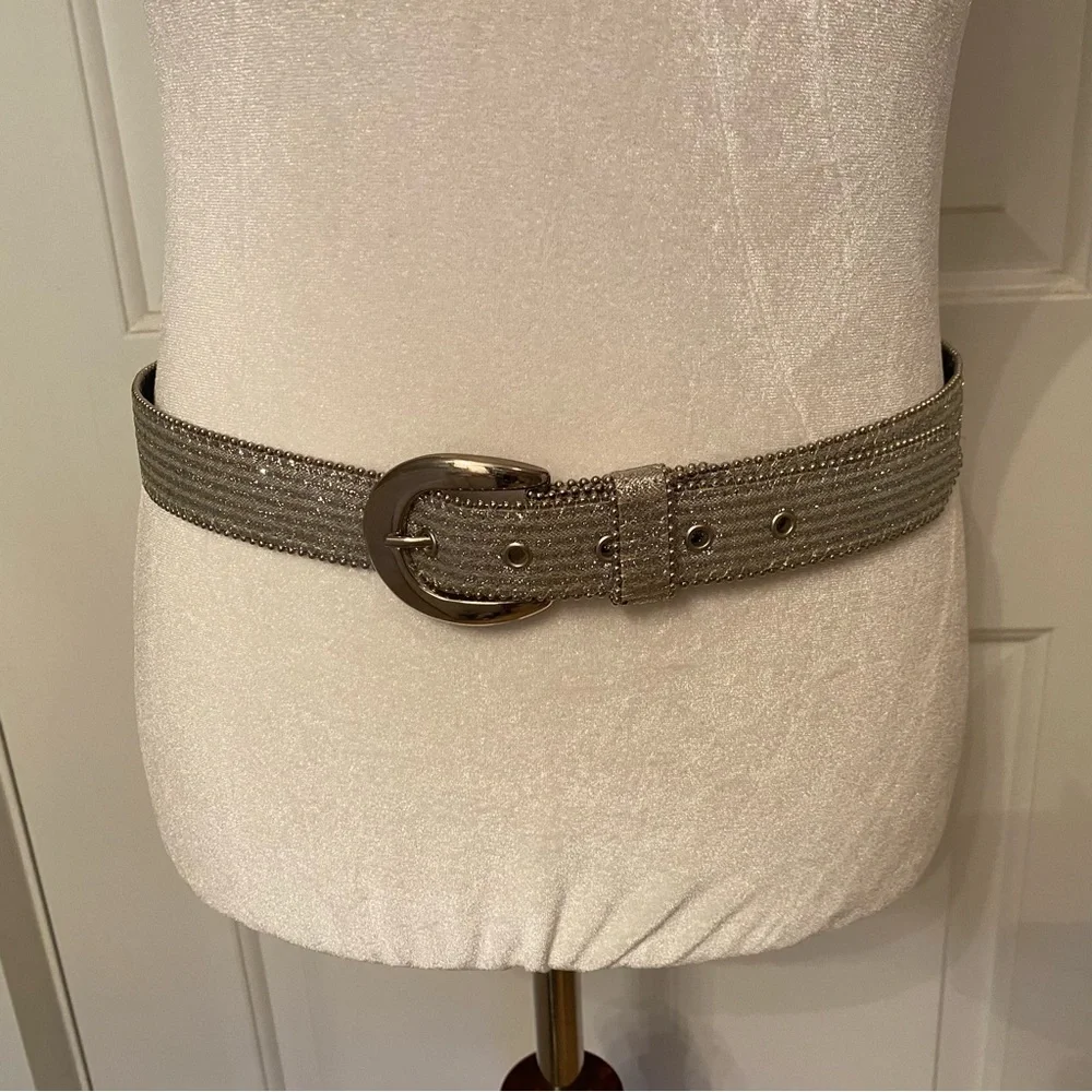 THE ICING BELT SILVER SPARKLE GLITTER METALLIC BEADED EDGES VINTAGE SIZE L